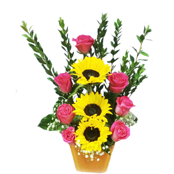 Arreglo floral de rosas rosadas y girasoles para el día de las madres,  aniversarios y cumpleaños – Floristería Managua